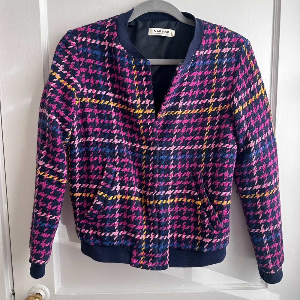 NAF NAF Women's Pink and Blue Houndstooth Bomber Jacket
